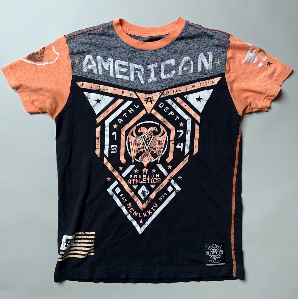 American Fighter Shirt Mens Small Black Orange Athletic Graphic Tee Premium MMA
